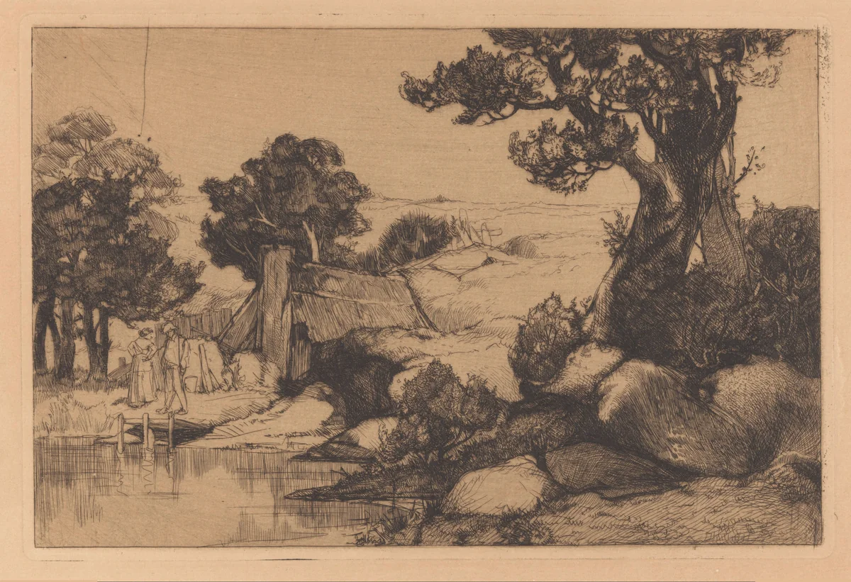 Landschap met man en vrouw aan oever by Johannes Josephus Aarts, print, 1881-1934