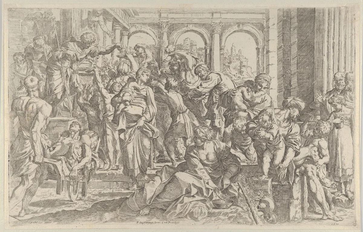 Saint Roch at left distributing alms to a group of people gathered around him, after Annibale Caracci by Francesco Brizio, print, 1585-1600