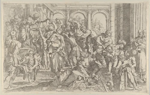 Saint Roch at left distributing alms to a group of people gathered around him, after Annibale Caracci by Francesco Brizio, print, 1585-1600
