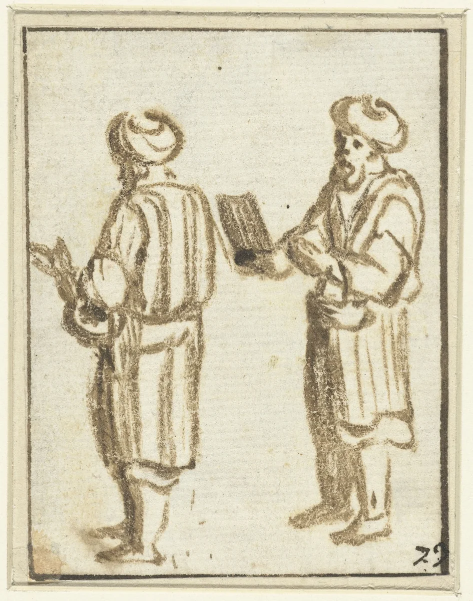 Twee staande mannen met tulbanden by Unknown, drawing, 1588-1610