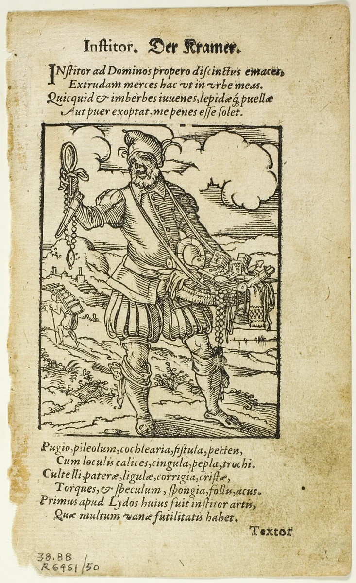 Der Kramer (The Peddler) from De omnibus illiberalibus sive mechanicis artibus by Hartmann Schopper, plate 50 from Woodcuts from Books of the XVI Century by Jost Amman, print, 1574