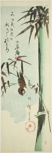 Sparrow and bamboo by Utagawa Hiroshige (歌川広重), print, 1838-1852