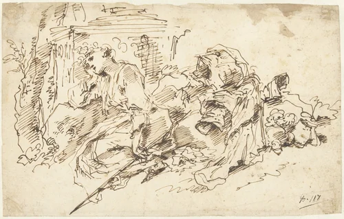 Peinzende Circe, zittend naast een monument by Giovanni Benedetto Castiglione, drawing, 1648-1653