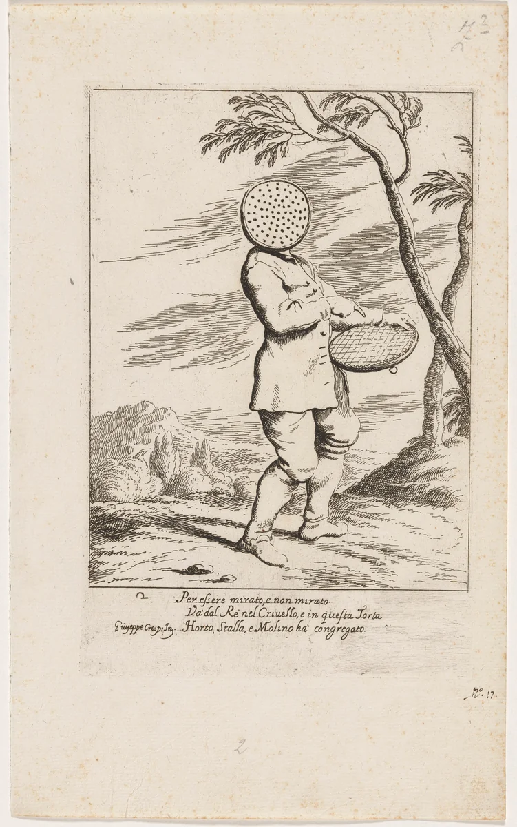 Bertoldo with a Sieve on His Head by Giuseppe Maria Crespi, print, 1705-1715