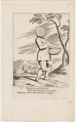 Bertoldo with a Sieve on His Head by Giuseppe Maria Crespi, print, 1705-1715