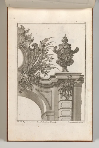 Suggestion for the Decoration of Top Right Side of Portal, Plate 3 from 'Allerneueste Façon von Auszierungen zu Portalen' by Jeremias Wachsmuth, book, 1745-1755