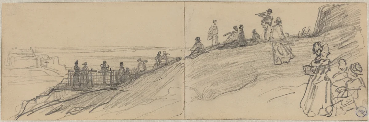 Figures on Top of a Hill, Overlooking the Sea by Félix-Hilaire Buhot, drawing, 1847-1898