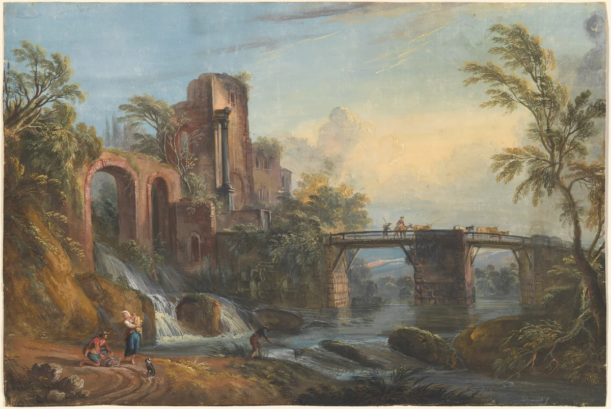 Dawn Landscape with Classical Ruins by Jean Baptiste Lallemand, drawing, 1760-1770