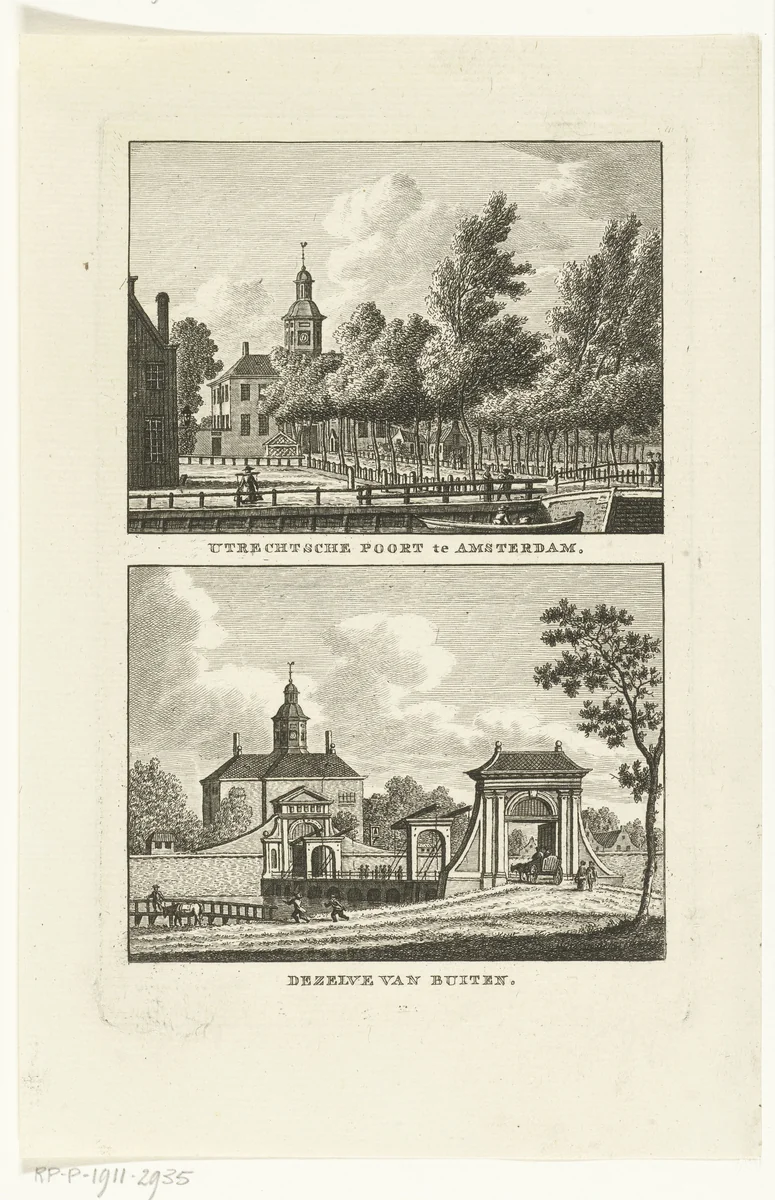 Twee stadsgezichten te Amsterdam met Utrechterpoort by Carel Frederik Bendorp, print, 1786-1792