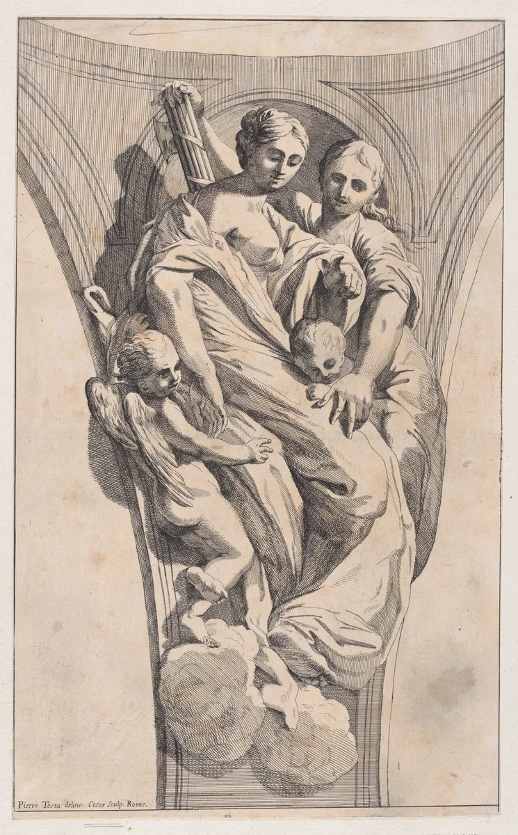 Study for a pendentive depicting Justice and Charity by Giovanni Cesare Testa, print, 1600-1650
