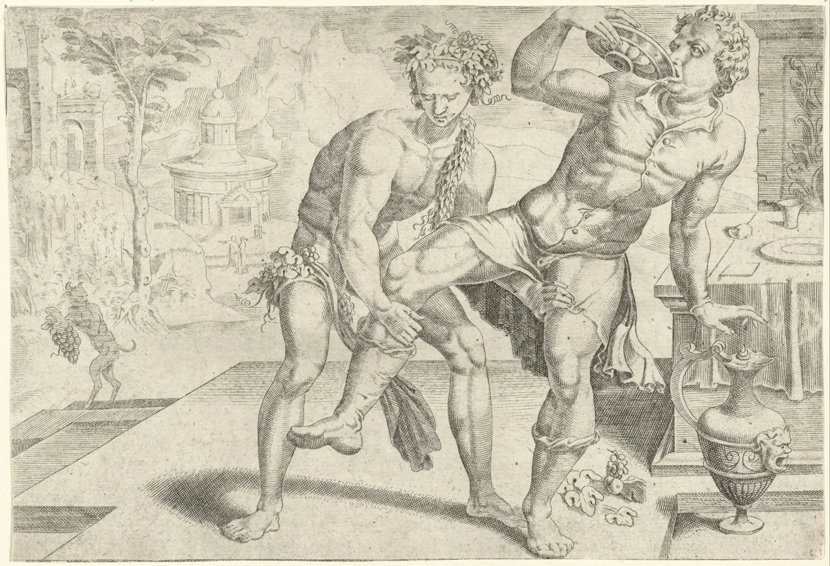 Wijn brengt de mens uit balans by Dirck Volckertsz. Coornhert, print, 1551