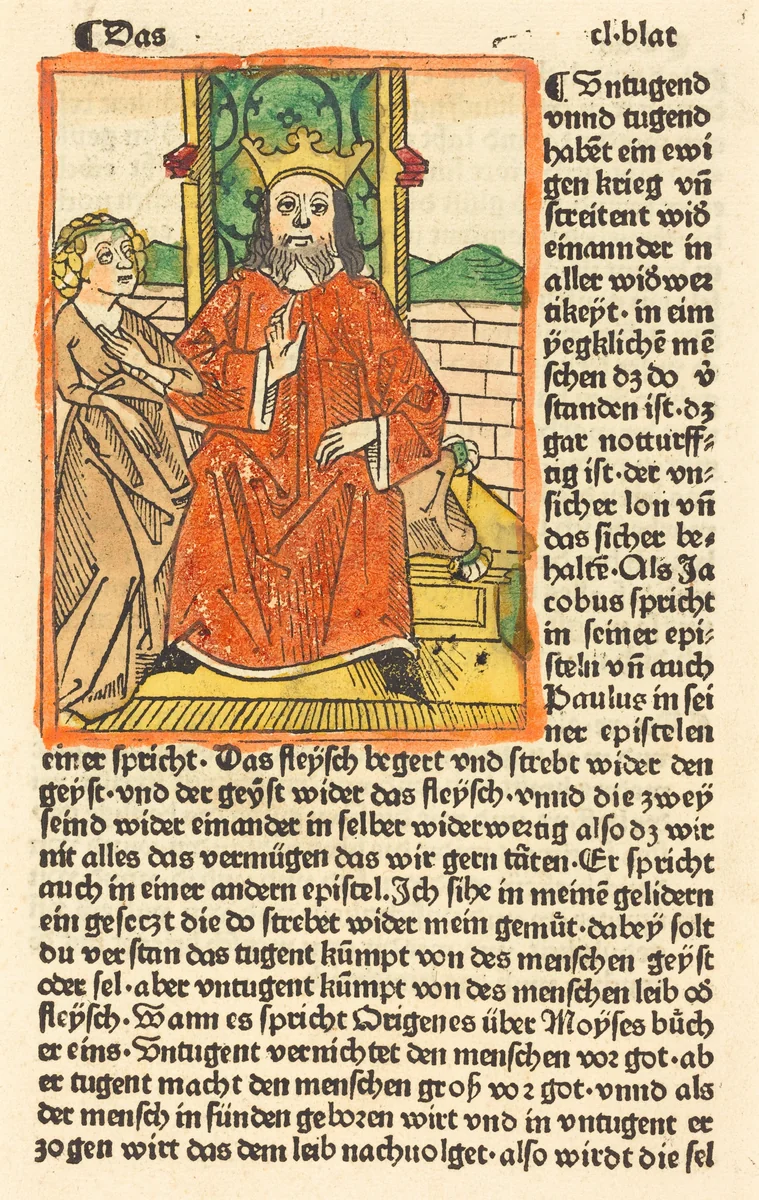 Crowned Man on a Throne with the Virgin Standing at the left by German 15th Century, print, 1479