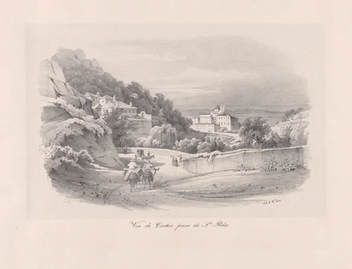 View of Sintra with what is now the National Palace in the background by Clementine de Brelaz, print, 1840
