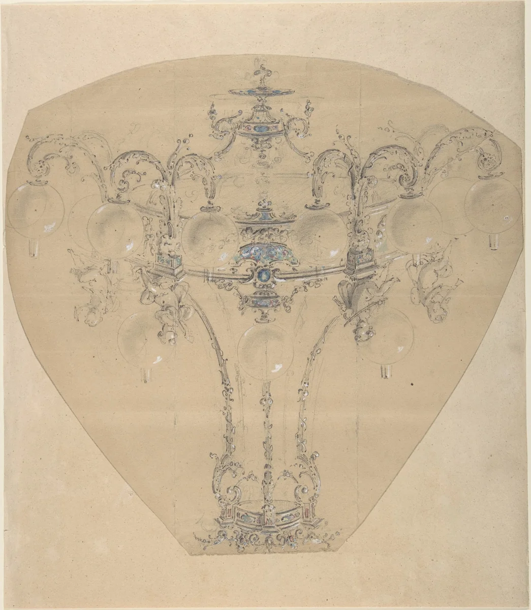 Design for a Gas Chandelier by anonymous, drawing, 1850-1870