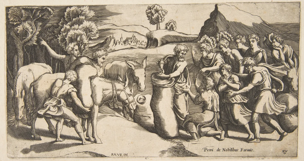 Joseph's cup being discovered in Benjamin's sack of grain by Monogrammist PVO, print, 1575-1585