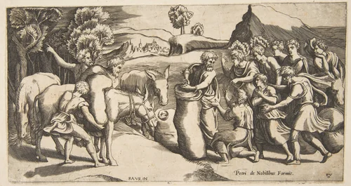 Joseph's cup being discovered in Benjamin's sack of grain by Monogrammist PVO, print, 1575-1585