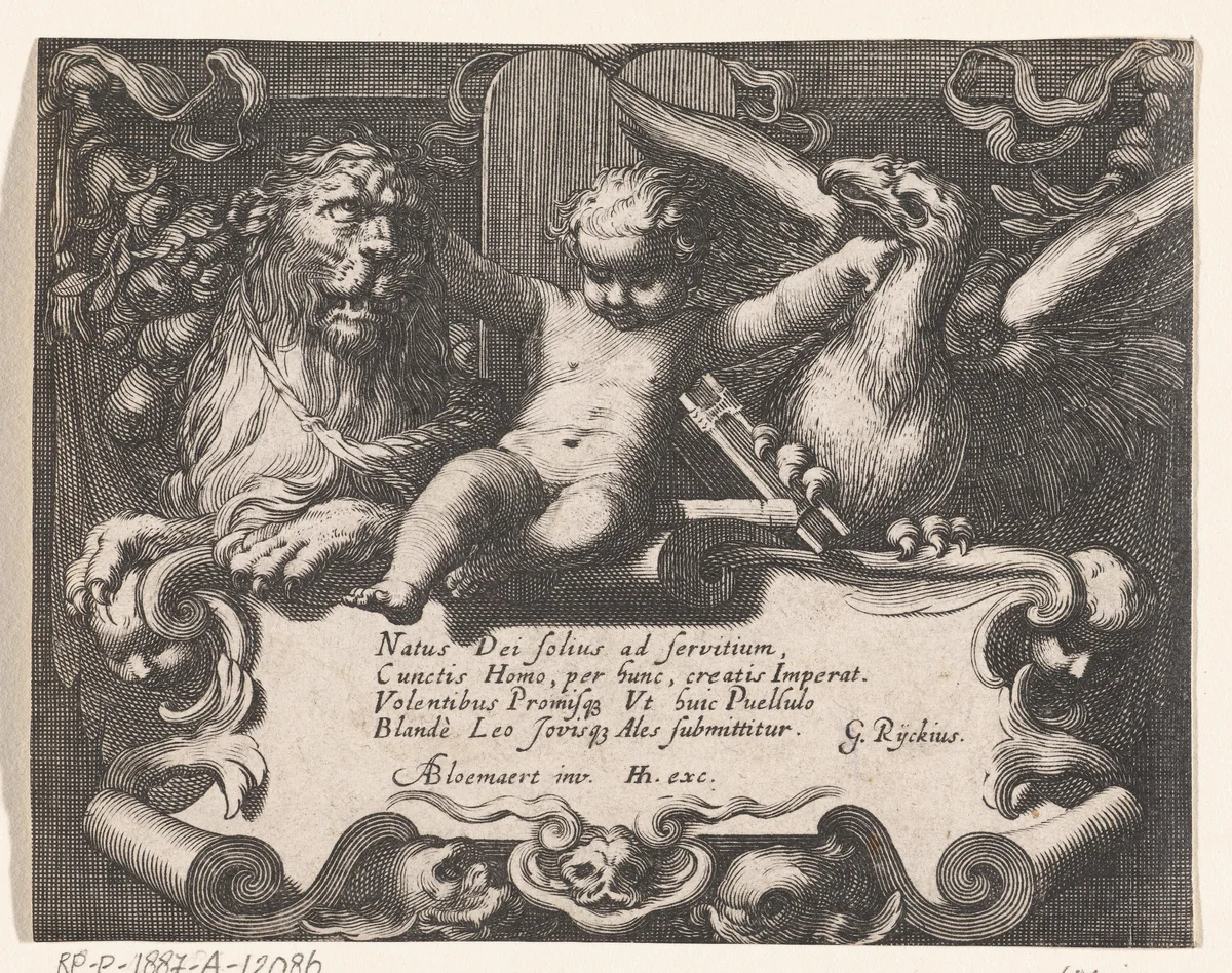 Titelprent met kind tussen getemde leeuw en roofvogel bovenop schild met vers by anonymous, print, 1611-1661