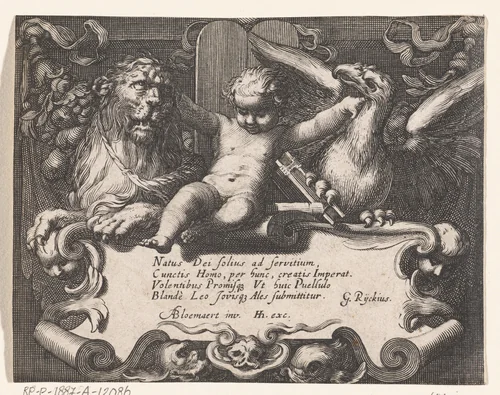 Titelprent met kind tussen getemde leeuw en roofvogel bovenop schild met vers by anonymous, print, 1611-1661