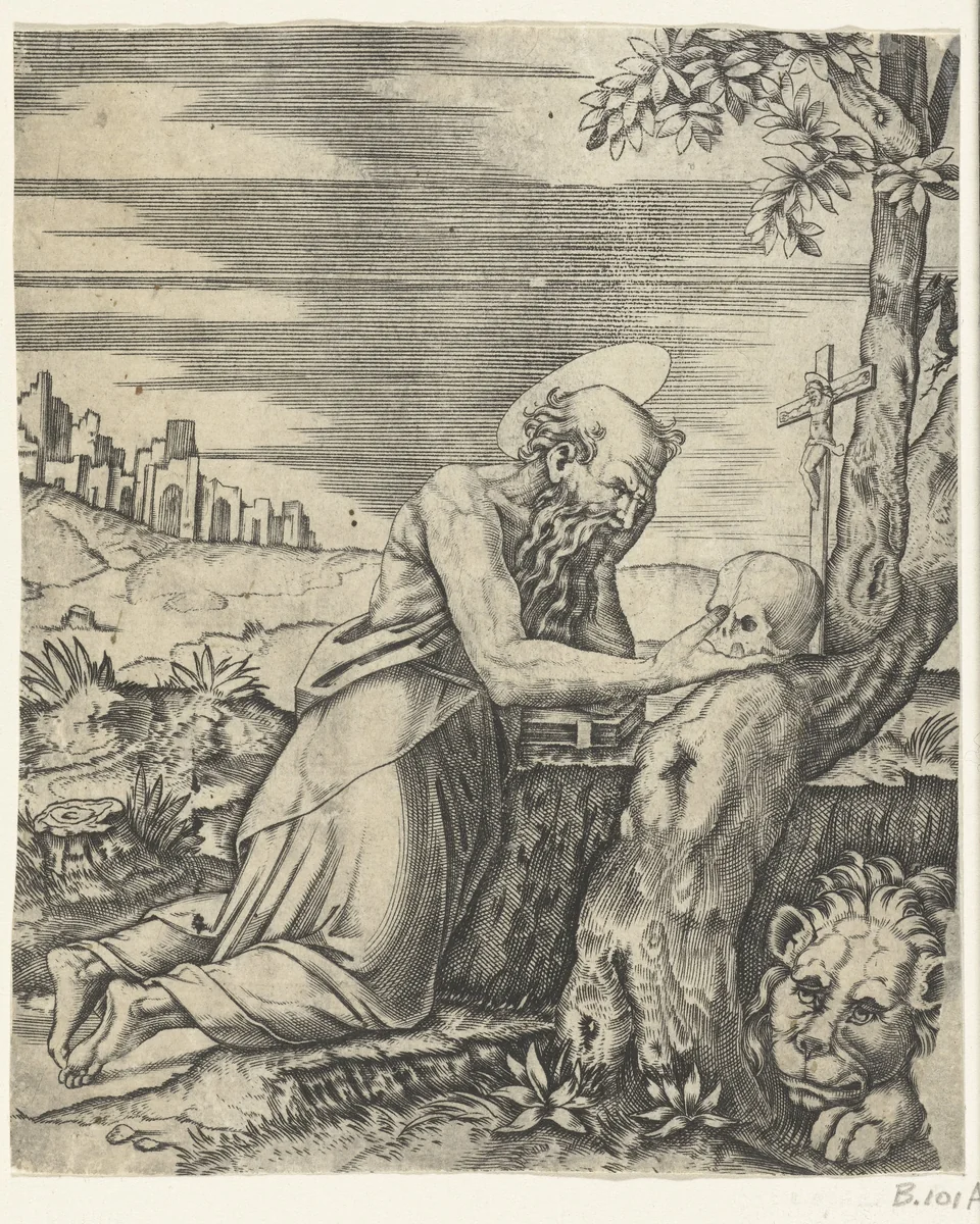Heilige Hieronymus als boeteling in woestijn by anonymous, print, 1500-1577