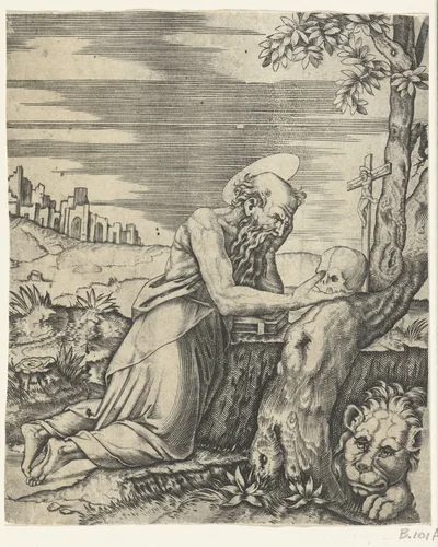 Heilige Hieronymus als boeteling in woestijn by anonymous, print, 1500-1577