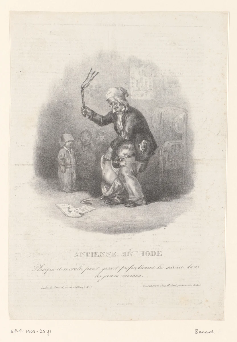 Karikatuur van een leraar die een jonge leerling slaat met de roede by anonymous, print, 1832-1850