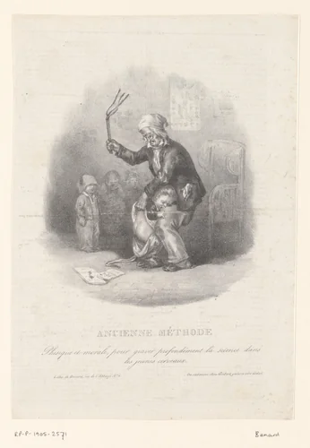 Karikatuur van een leraar die een jonge leerling slaat met de roede by anonymous, print, 1832-1850