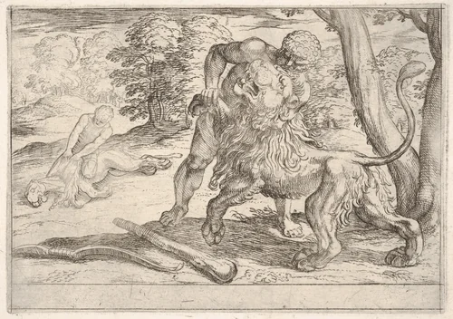 Hercules and the Nemean Lion, from "The Labors of Hercules" by Antonio Tempesta, print, 1608