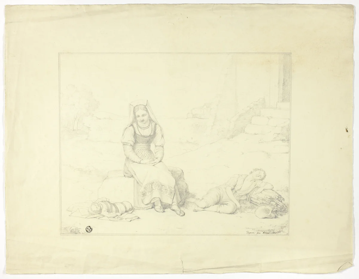 Roman Peasant Woman and Sleeping Children by Giovanni Tognolli, drawing, 1825