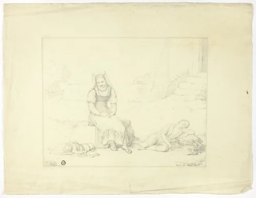 Roman Peasant Woman and Sleeping Children by Giovanni Tognolli, drawing, 1825