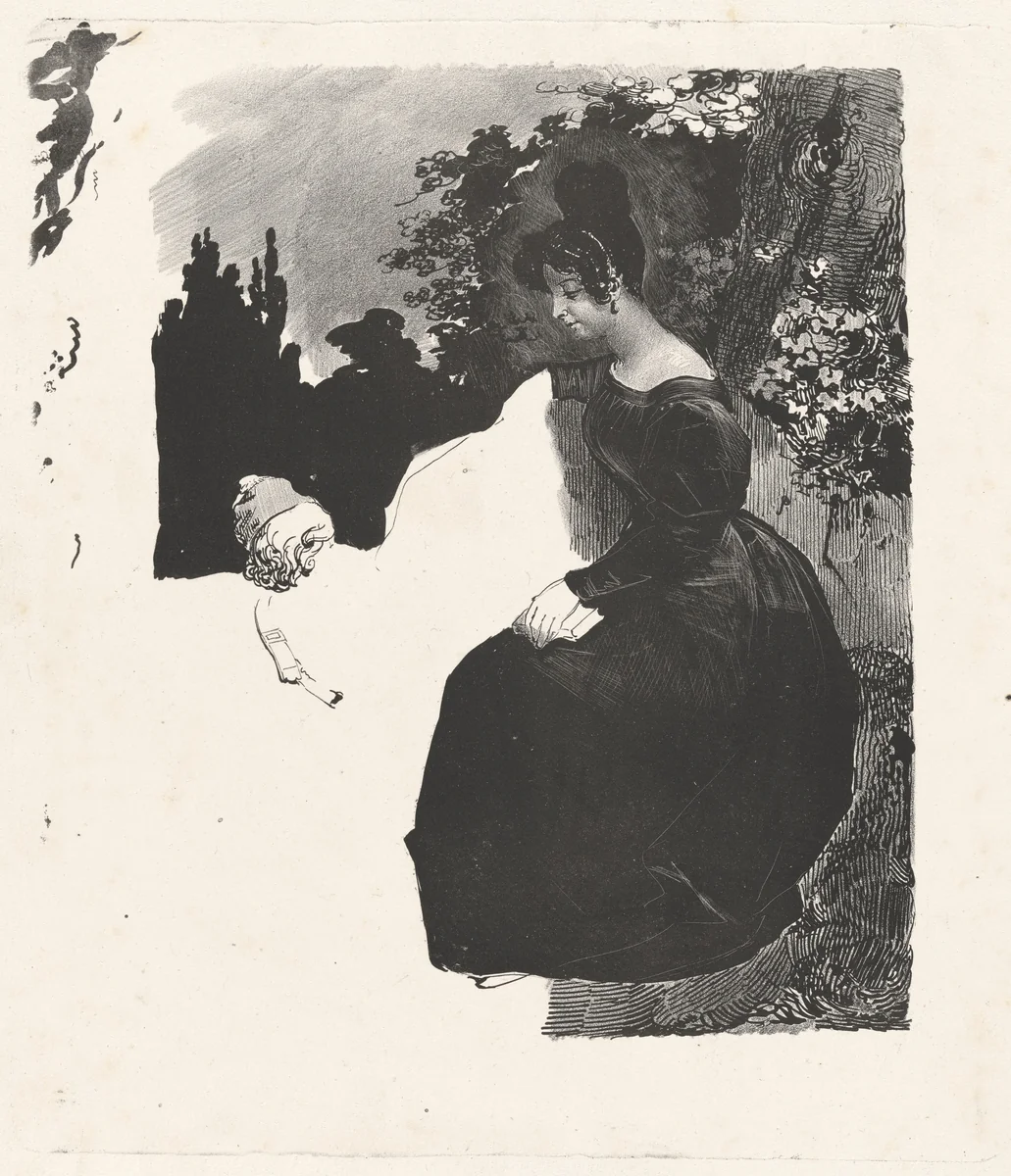 Young Woman Sitting near a Tree by Nicolas Toussaint Charlet, print, 1828