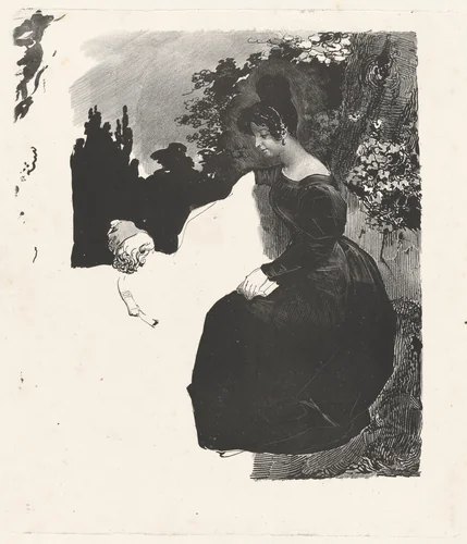 Young Woman Sitting near a Tree by Nicolas Toussaint Charlet, print, 1828