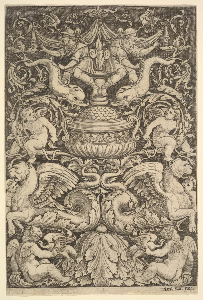A panel of ornament with a large jar in centre, putti and other figures by Master of the Die, print, 1530-1560