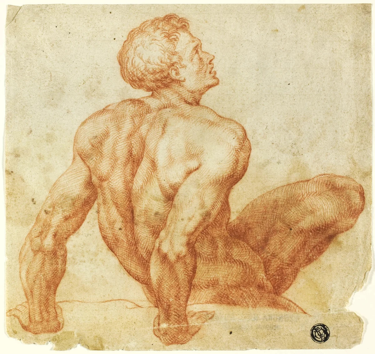 Seated Male Nude by Michelangelo Buonarroti, drawing, 1580-1620