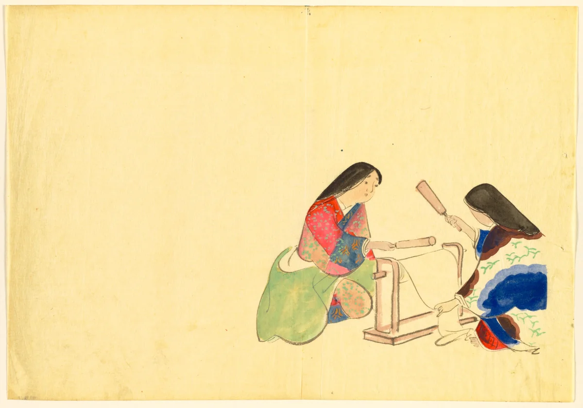 Flowers of a Hundred Worlds (Momoyogusa): Fulling Silk (Uchiginu) by Kamisaka Sekka, drawing, 1909