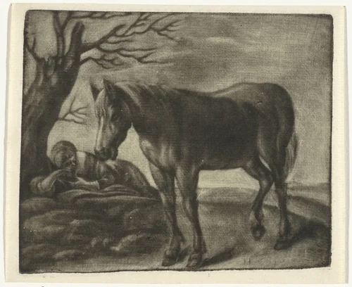 Een paard en een slapende man by Johannes de Groot, print, 1698-1776