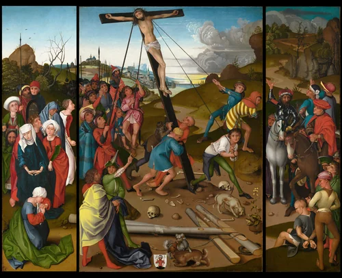 The Raising of the Cross [center, left, and right panels] by Master of the Starck Triptych, painting, 1480-1490