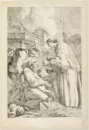 Saint Charles Borromeo Blessing the Plague-Stricken by Jean-Baptiste-Marie Pierre, print, 1755-1765