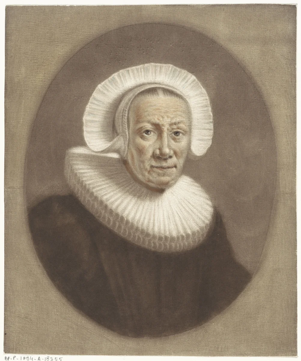 Portret van een oude vrouw met brede stijf geplooide kraag en diadeemmutsje by Pieter Louw, print, 1743-1800