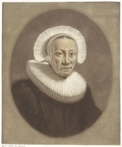 Portret van een oude vrouw met brede stijf geplooide kraag en diadeemmutsje by Pieter Louw, print, 1743-1800