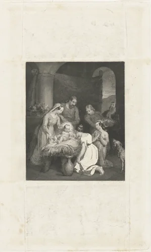 Aanbidding van het Kind door twee herdersmeisjes by Henricus Wilhelmus Couwenberg, print, 1830-1845