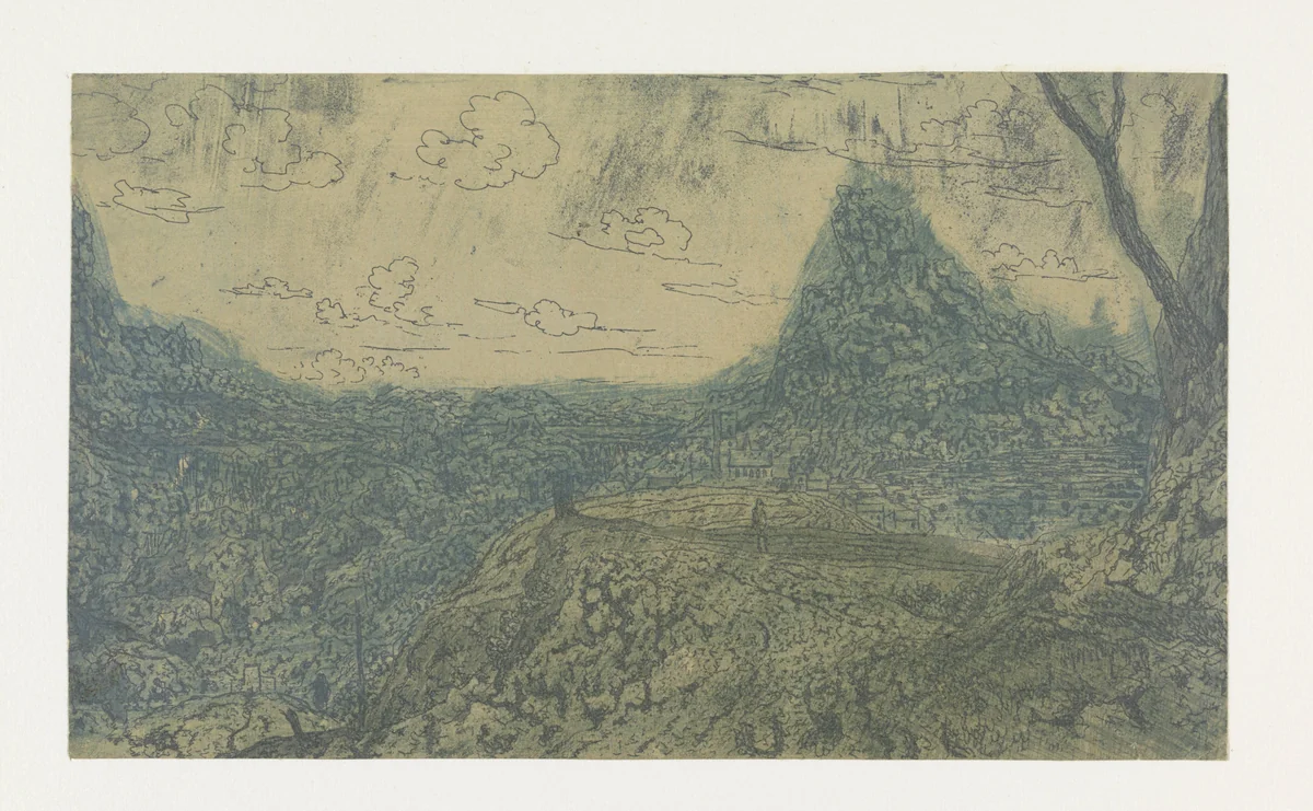 Berglandschap met een puntige rots, eerste versie by Hercules Segers, print, 1622-1625