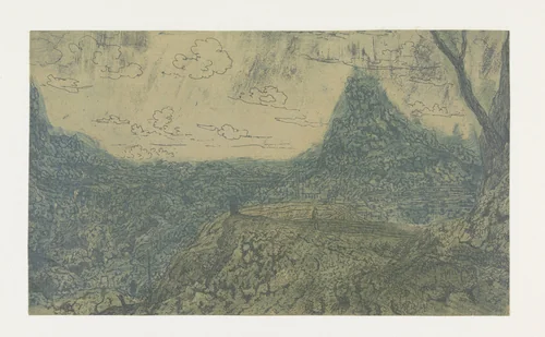 Berglandschap met een puntige rots, eerste versie by Hercules Segers, print, 1622-1625