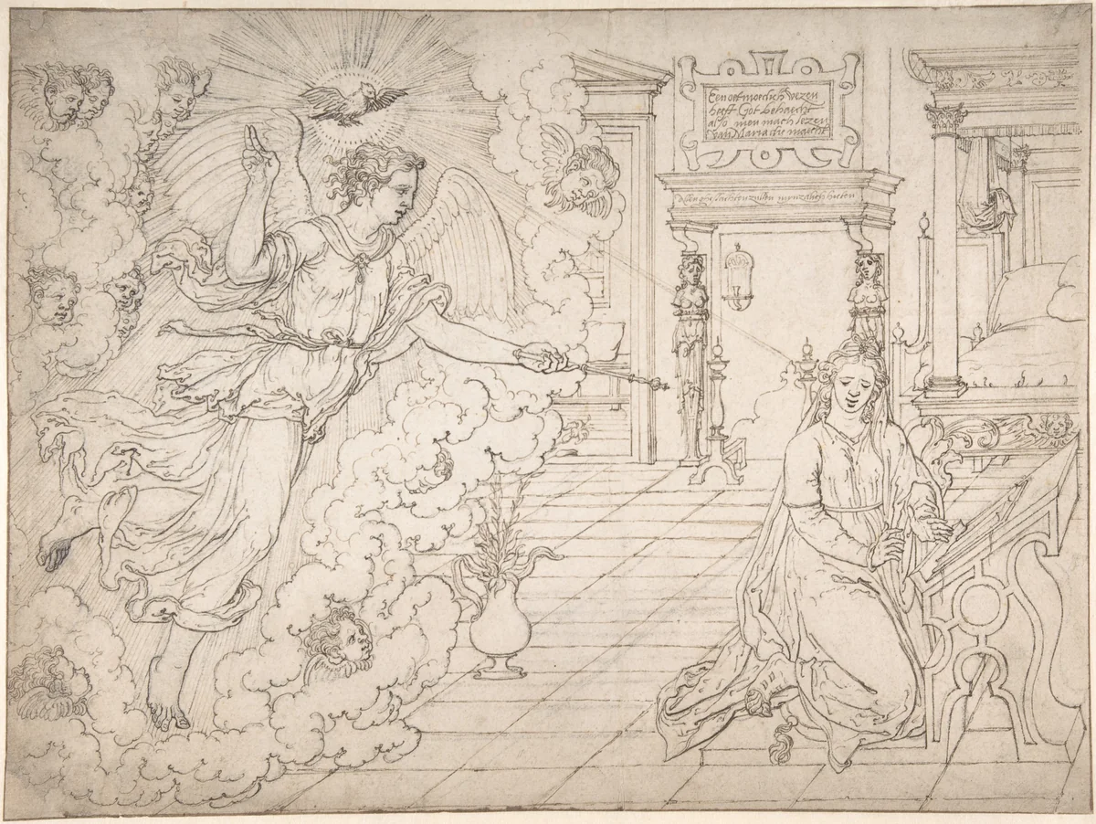The Annunciation by Dirck Pietersz. Crabeth, drawing, 1510-1574