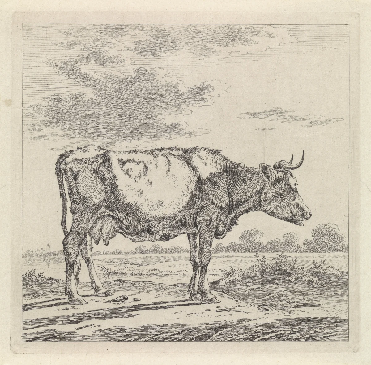 Landschap met koe aan waterkant by Pieter Janson, print, 1780-1851