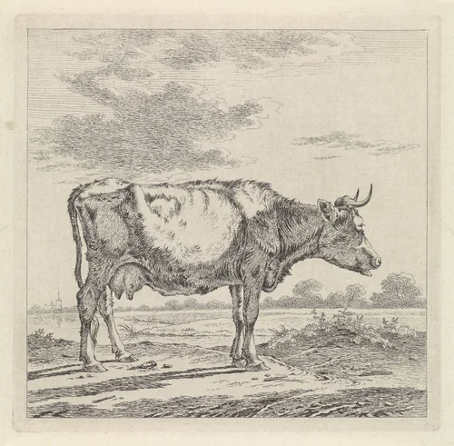 Landschap met koe aan waterkant by Pieter Janson, print, 1780-1851