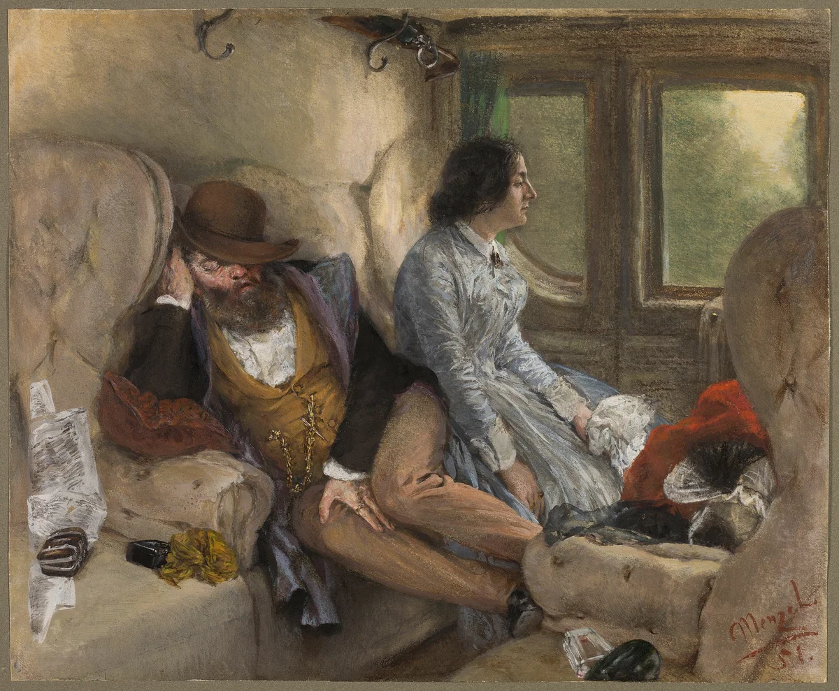 In a Railway Carriage (After a Night's Journey) by Adolph Menzel, painting, 1851