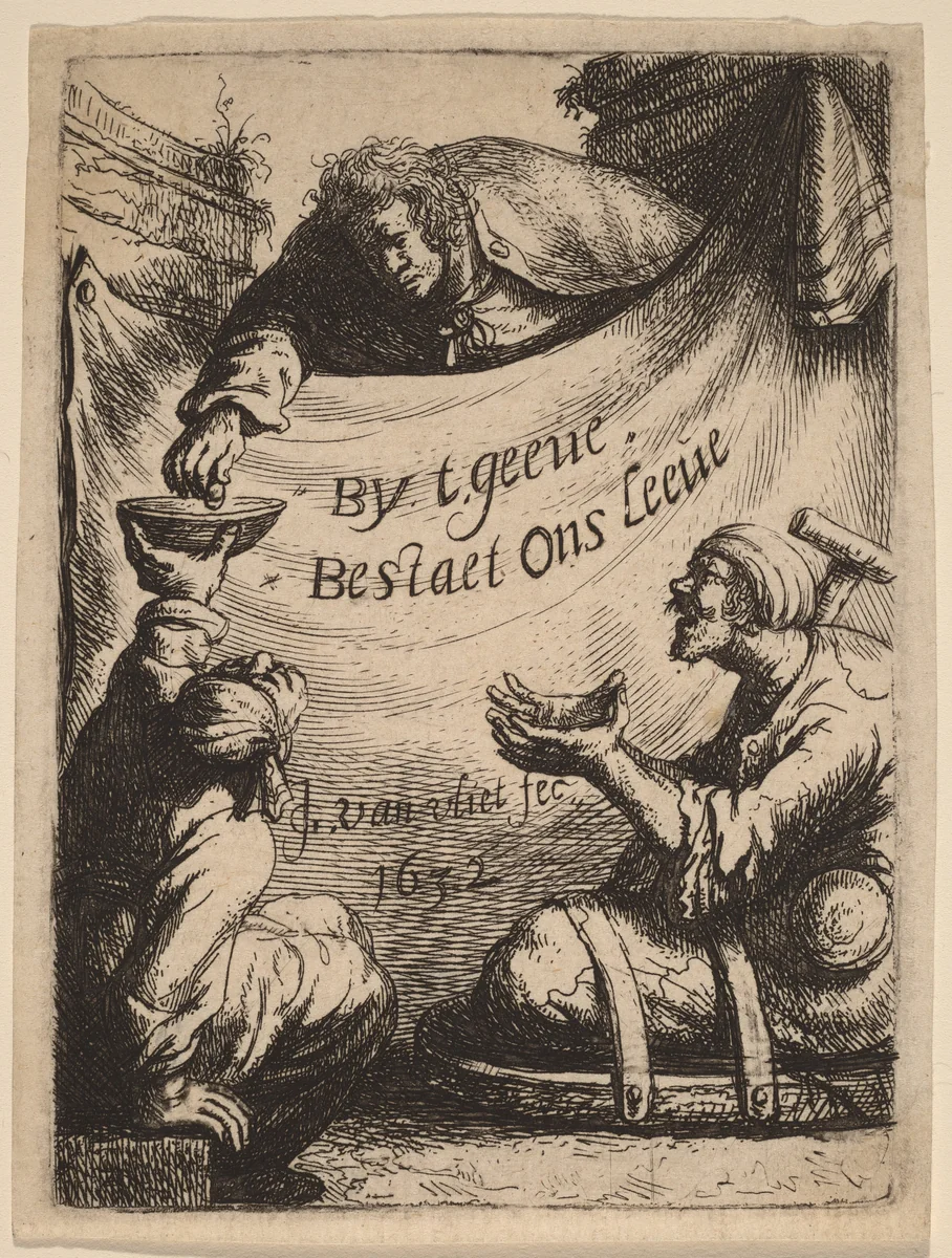 Title Page: Two Cripples Receiving Alms by Johannes van Vliet, print, 1632