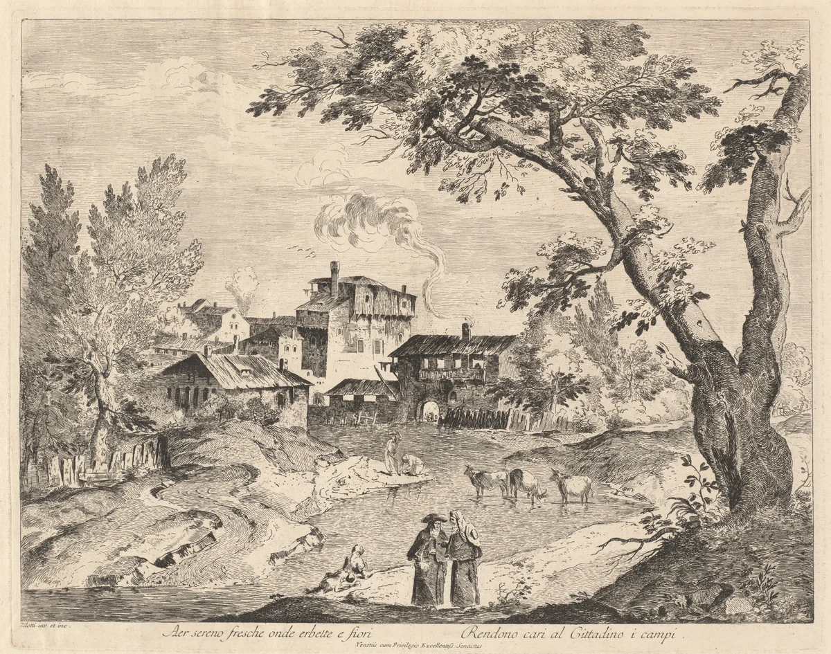 Rustic Village along a River with Travelers by Domenico Bernardo Zilotti, print, 1760