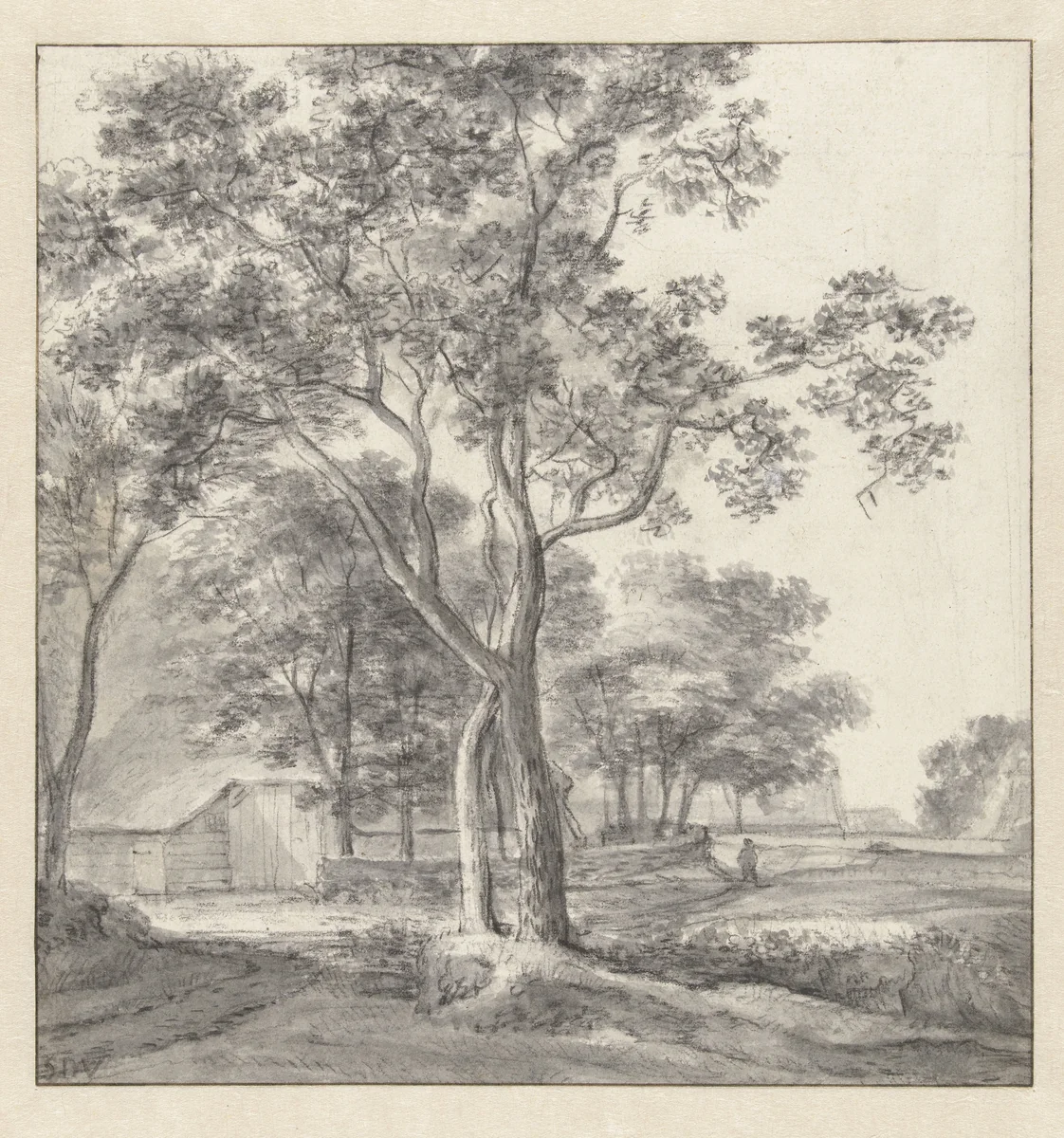 Landschap met bomen rond een schuur by Simon de Vlieger, drawing, 1610-1653