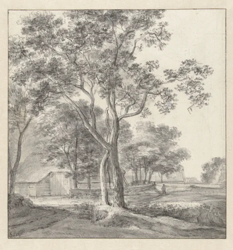 Landschap met bomen rond een schuur by Simon de Vlieger, drawing, 1610-1653